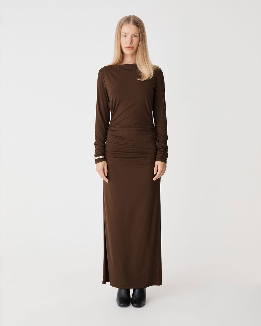 Isobel Bamboo Ruched Dress in espresso — full-length view