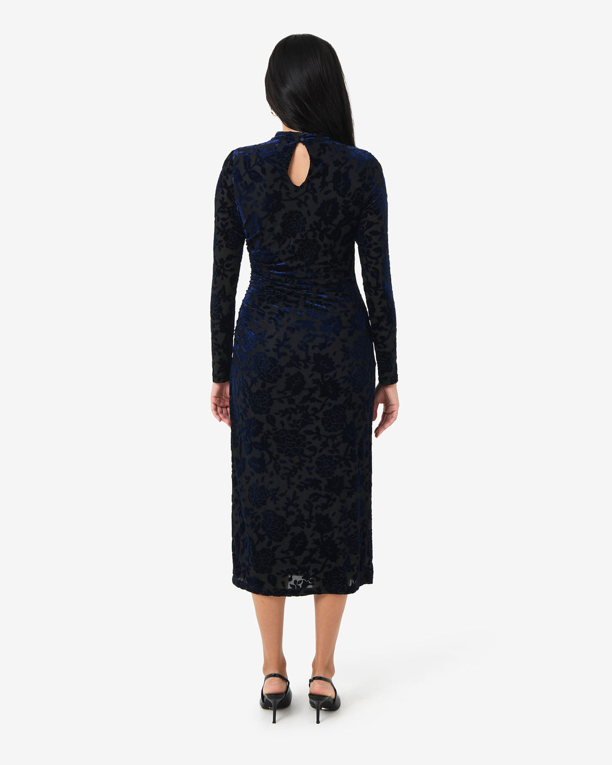 Sapphire Velvet Burnout Dress in blue velvet — back view