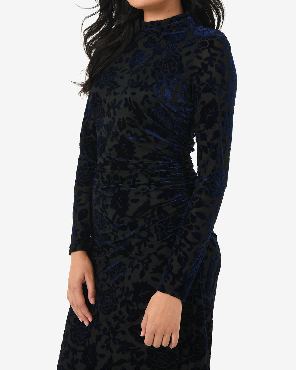 Sapphire Velvet Burnout Dress in blue velvet — close-up view 2