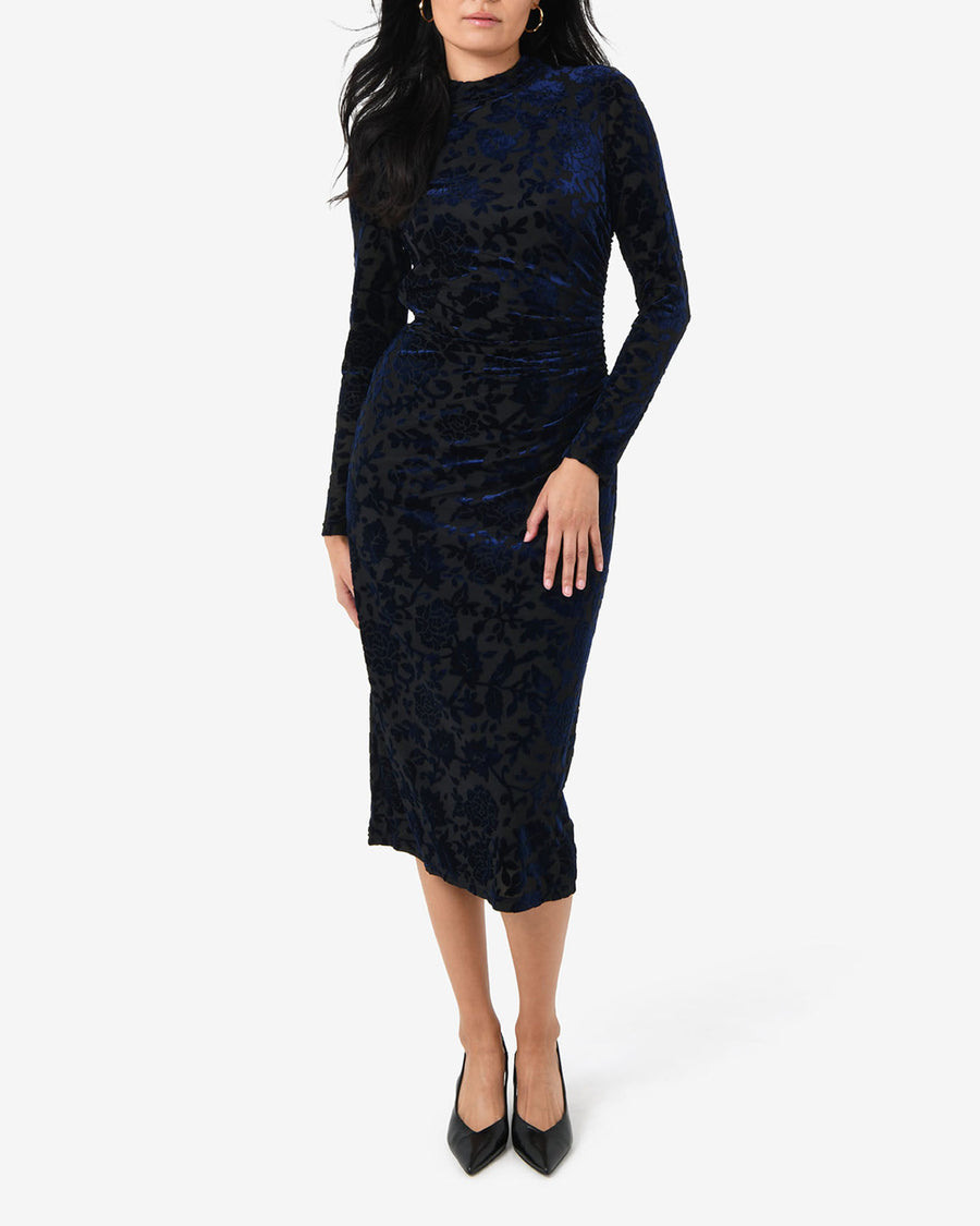 Sapphire Velvet Burnout Dress in blue velvet — full-length view