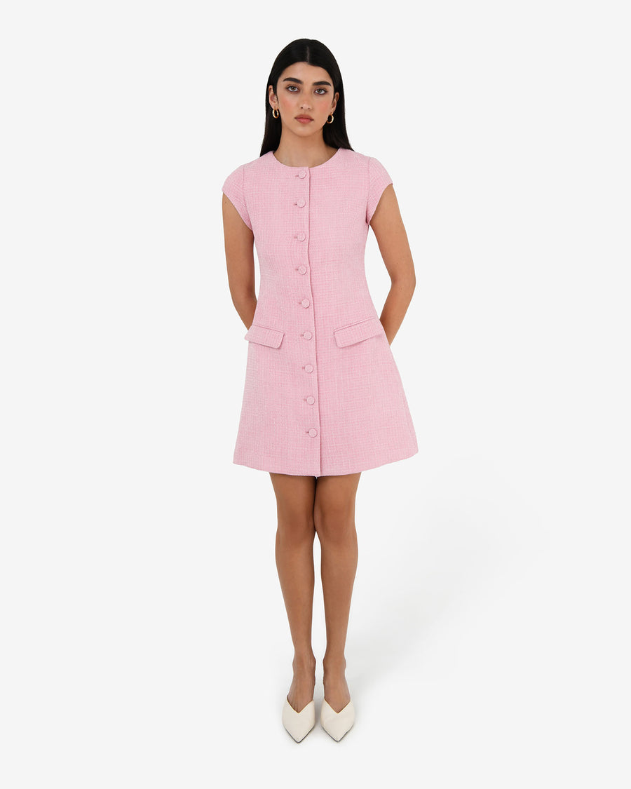 Cynthia Tweed Short Dress in pink — full-length view