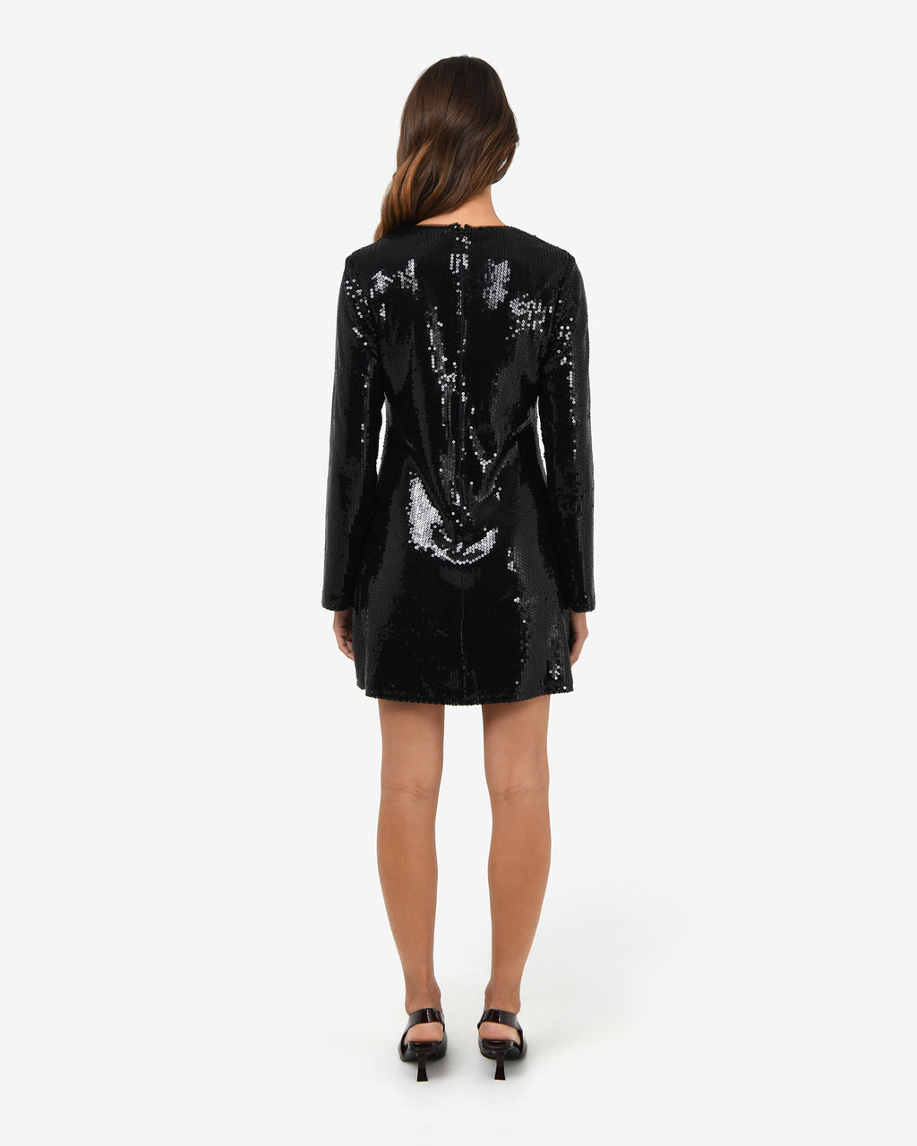 Mimi Shift Sequin Dress in black sequin — back view