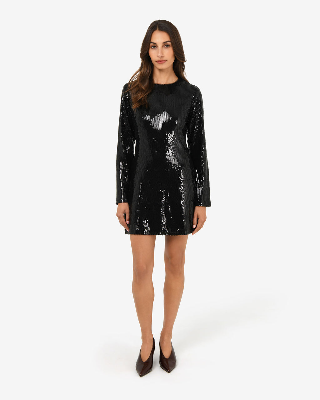 Mimi Shift Sequin Dress in black sequin — full-length view