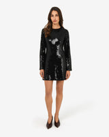 Mimi Shift Sequin Dress in black sequin — full-length view