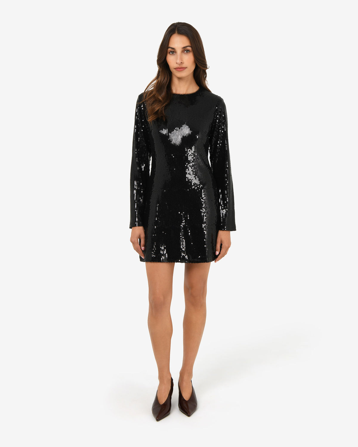 Mimi Shift Sequin Dress in black sequin — full-length view