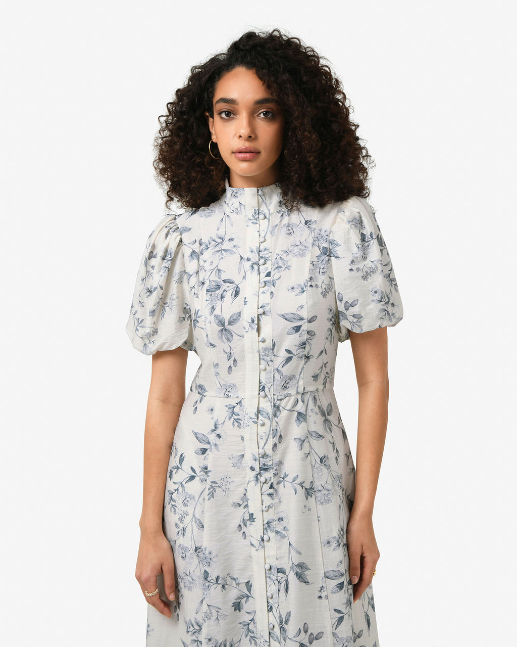 Jasmine Puff Sleeve Dress in ivory blue — close-up view