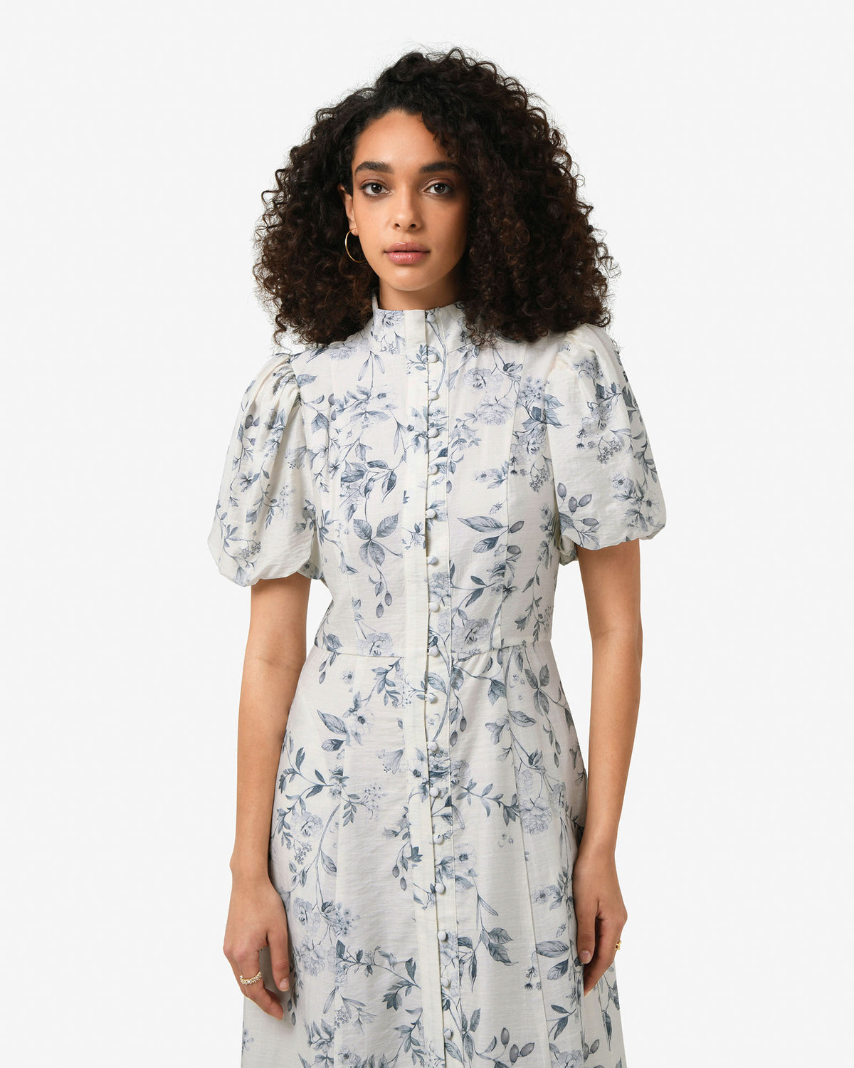 Jasmine Puff Sleeve Dress in ivory blue — close-up view