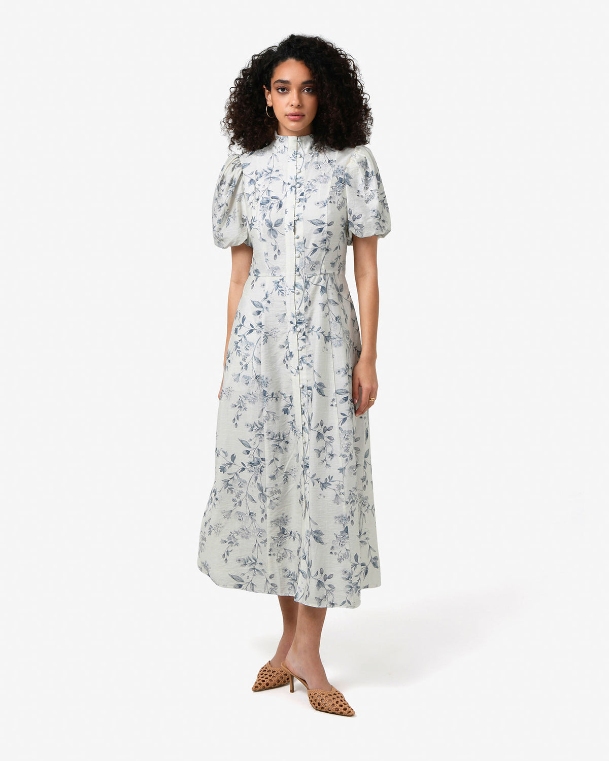 Jasmine Puff Sleeve Dress in ivory blue — full-length view