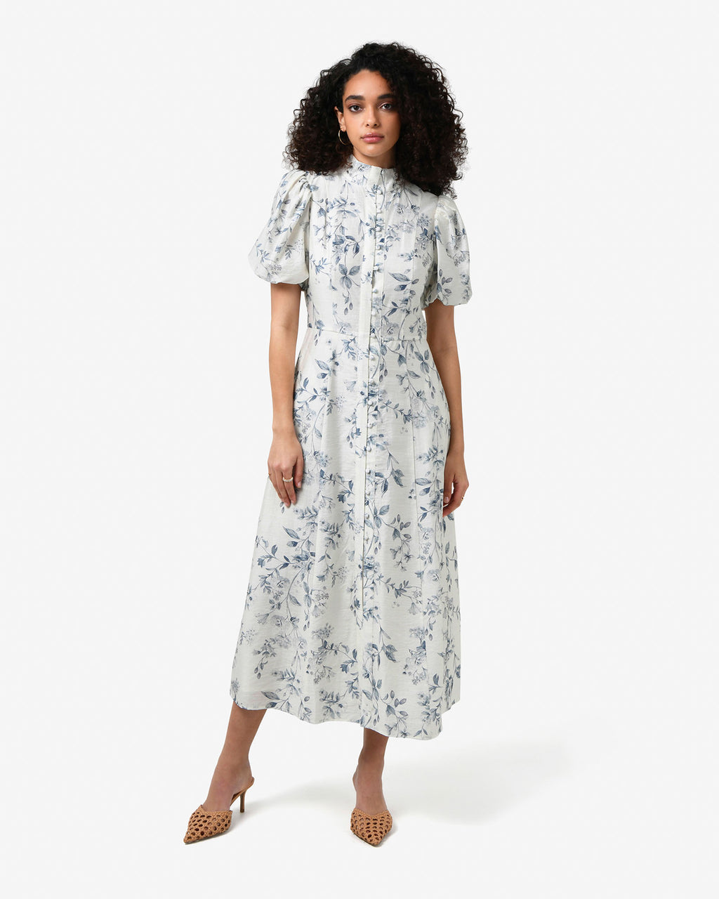 Jasmine Puff Sleeve Dress in ivory blue — full-length view 2