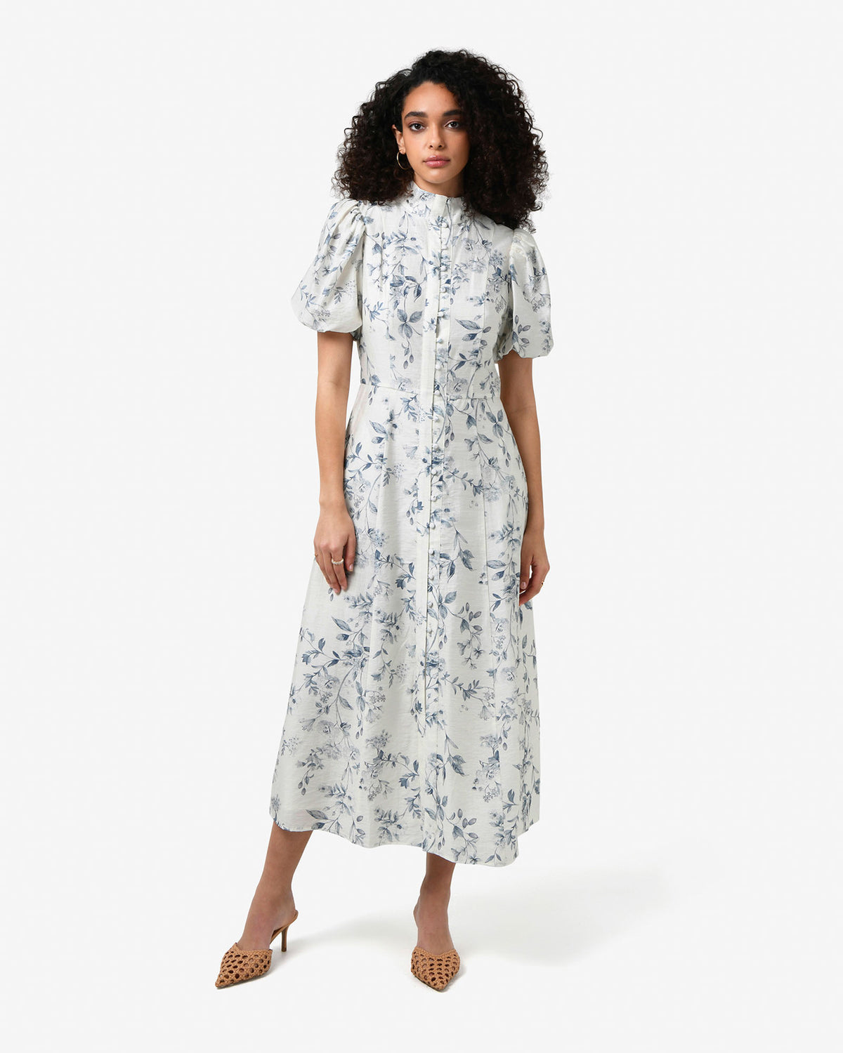 Jasmine Puff Sleeve Dress in ivory blue — full-length view 2