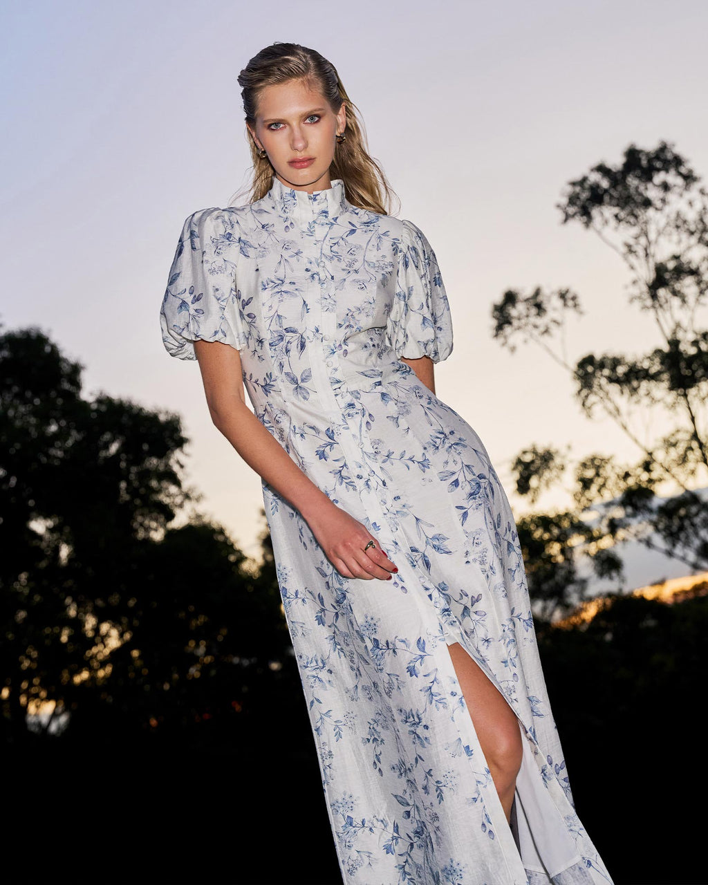Jasmine Puff Sleeve Dress in ivory blue — alternate view