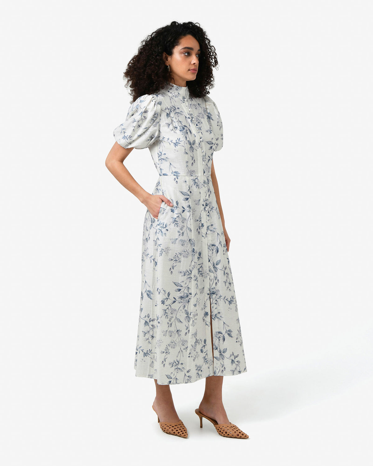 Jasmine Puff Sleeve Dress in ivory blue — side view