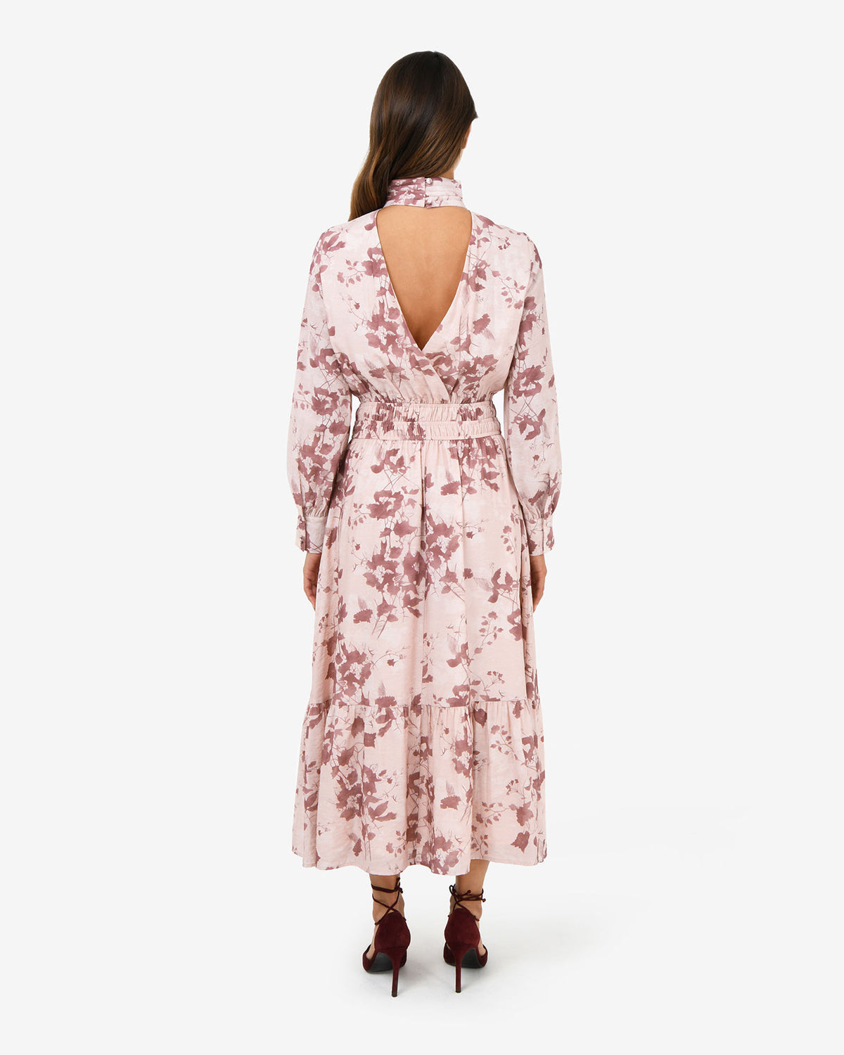 Lesley Tiered Floral Dress in pink floral — back view