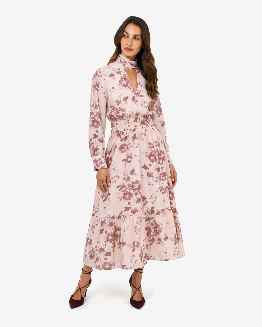 Lesley Tiered Floral Dress in pink floral — full-length view