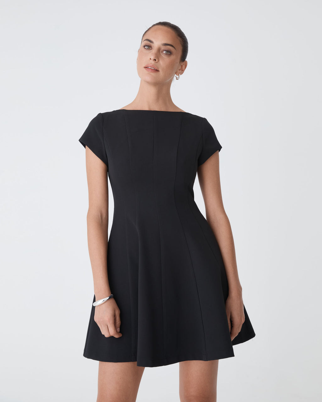 Darcy Short Sleeve Panel Dress in black — close-up view