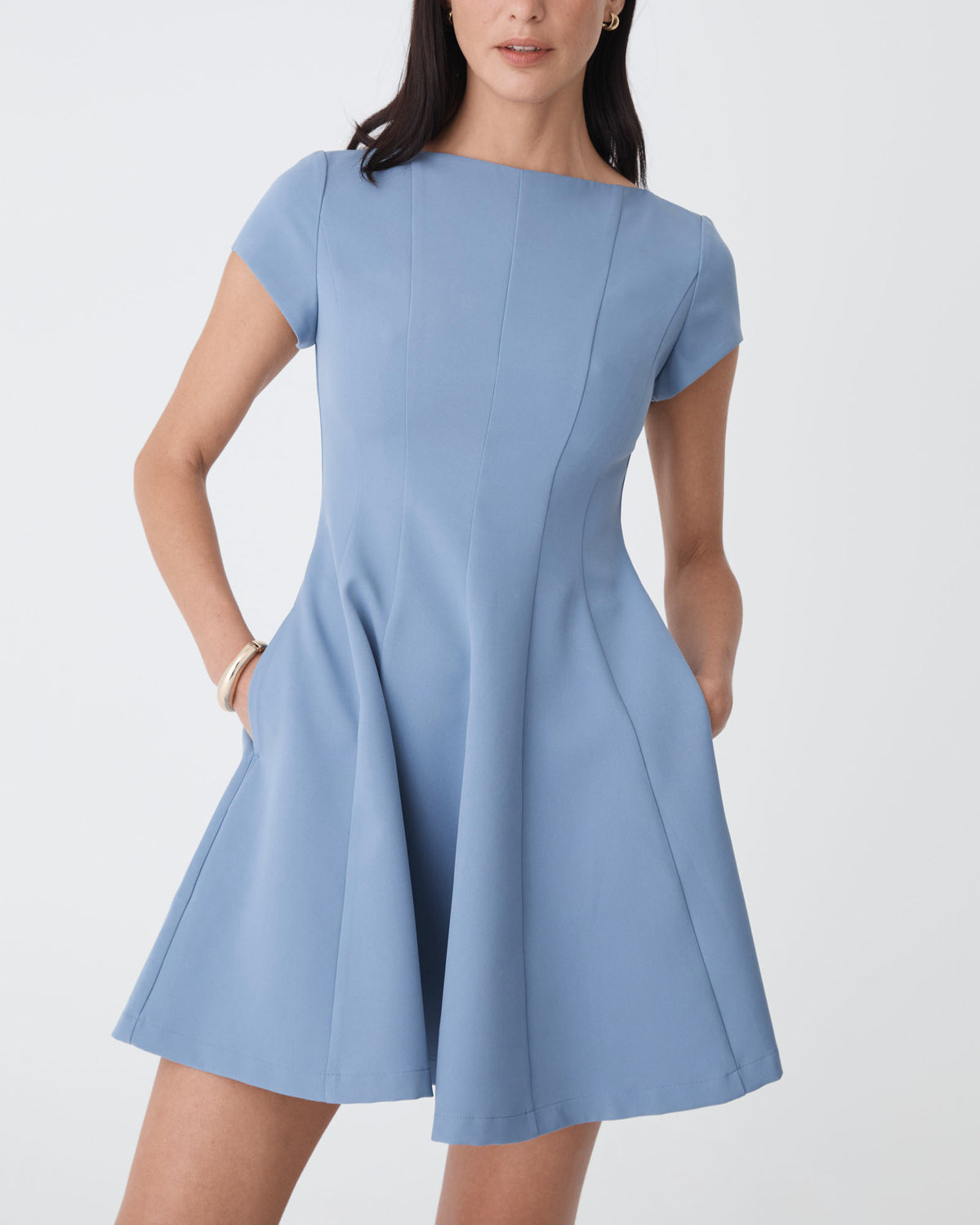 Darcy Short Sleeve Panel Dress in dusk blue — close-up view