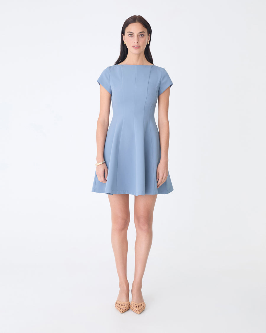 Darcy Short Sleeve Panel Dress in dusk blue — full-length view