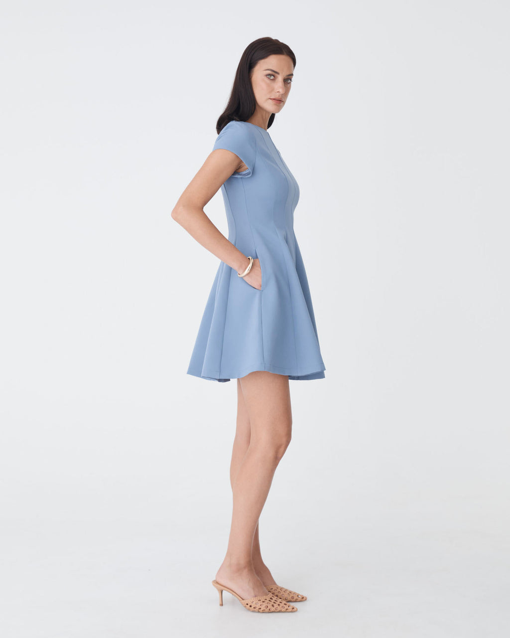 Darcy Short Sleeve Panel Dress in dusk blue — side view
