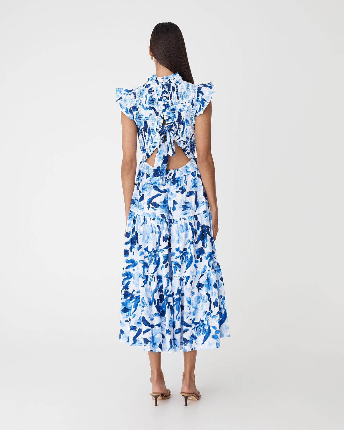 Georgia Cotton Poplin Dress in blue ivory — back view 2