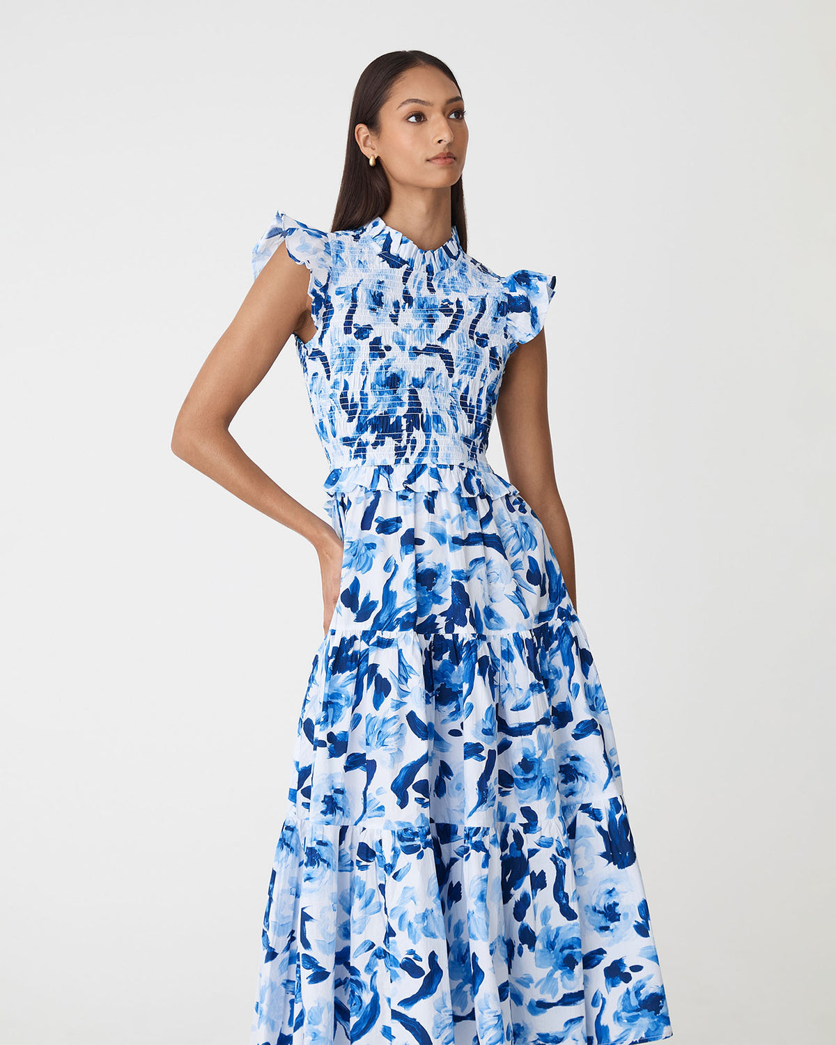 Georgia Cotton Poplin Dress in blue ivory — close-up view