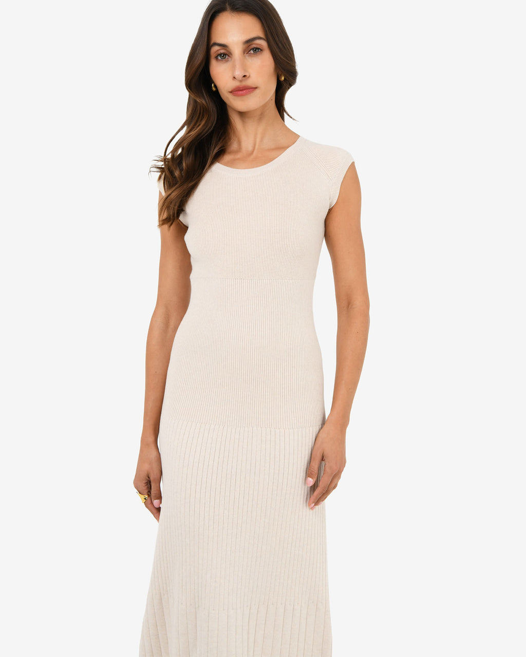 Lourdes Ribbed Knit Dress in buttercream — close-up view
