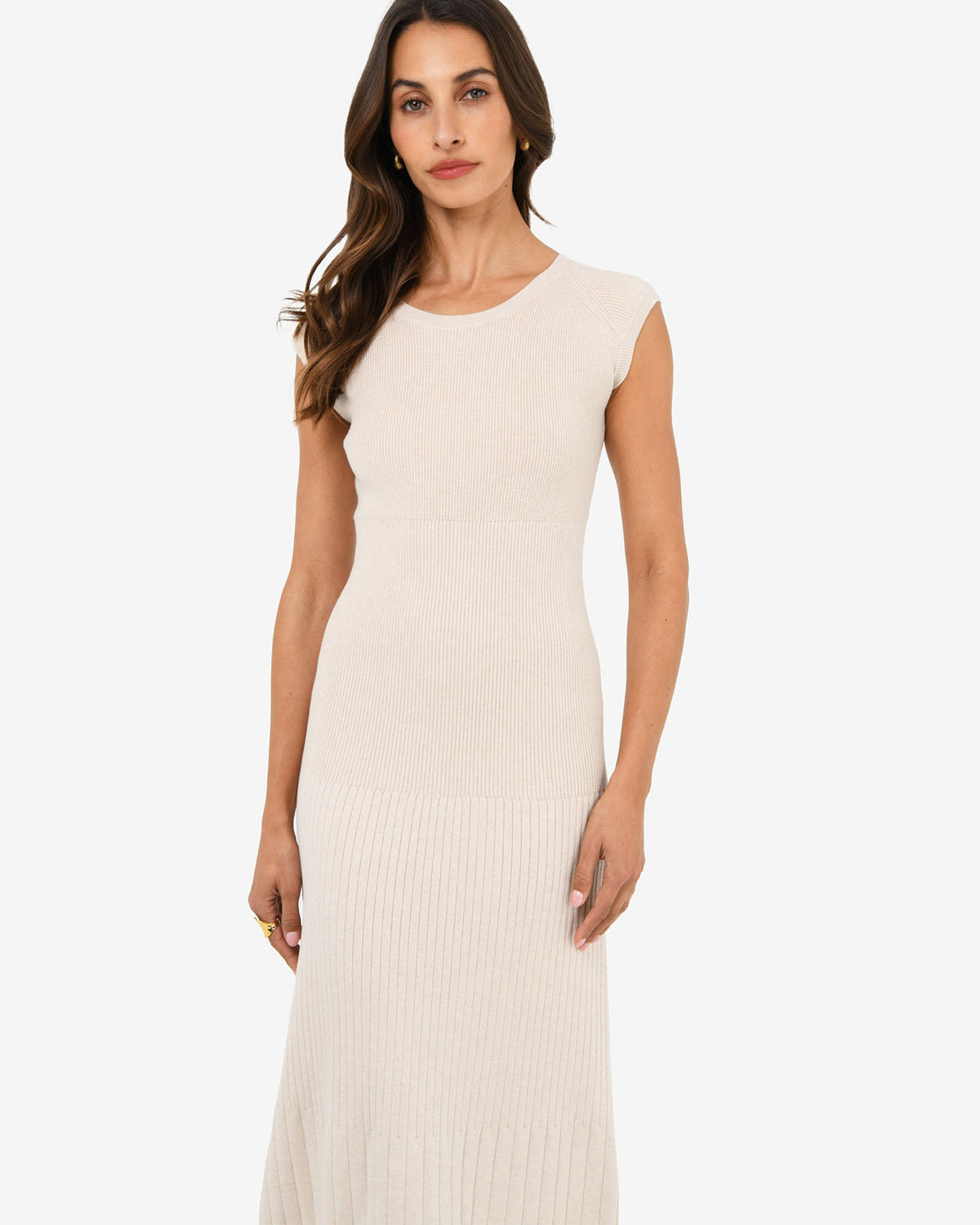 Lourdes Ribbed Knit Dress in buttercream — close-up view