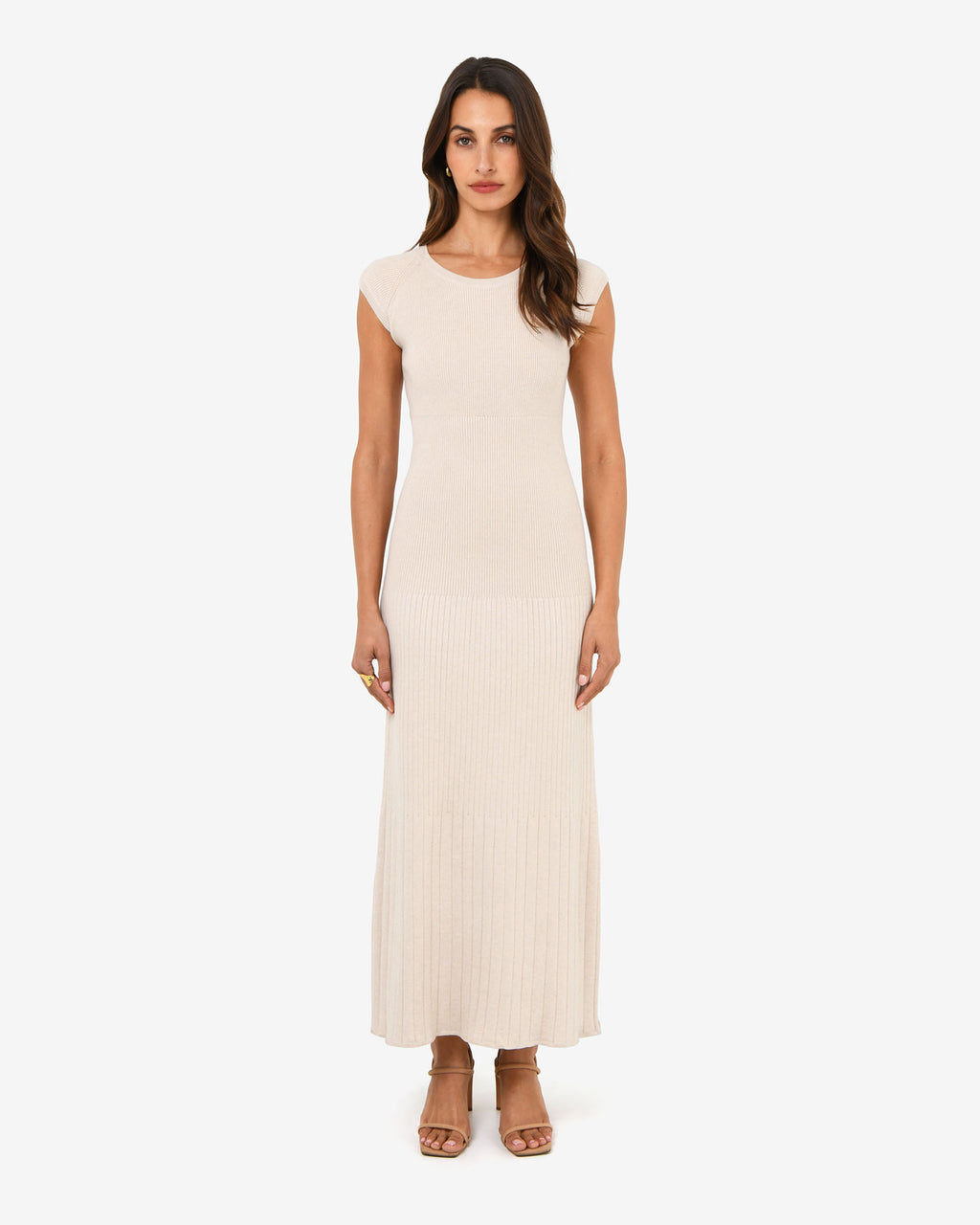 Lourdes Ribbed Knit Dress in buttercream — full-length view