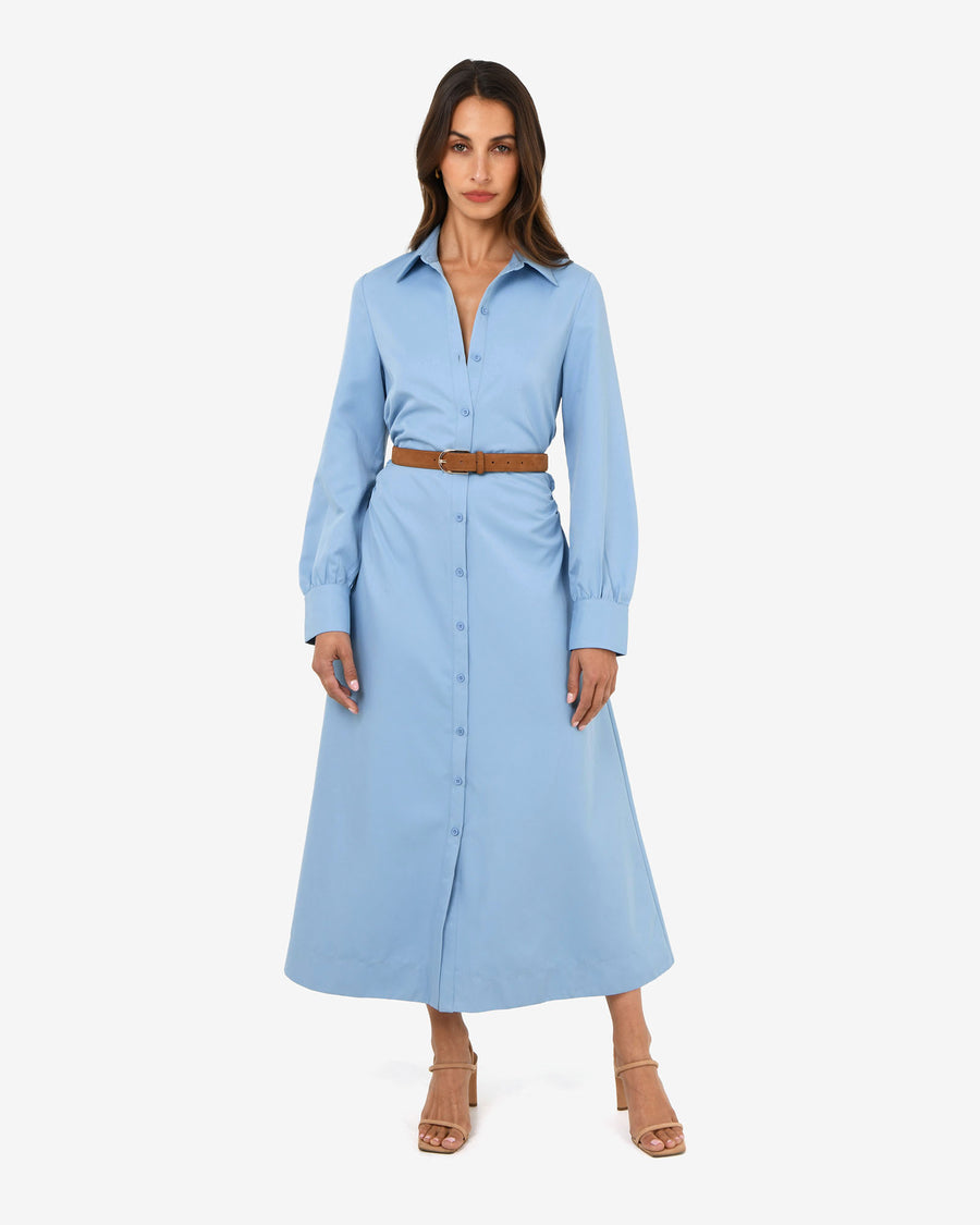 Lune Ruched Shirt Dress in dusk blue — full-length view