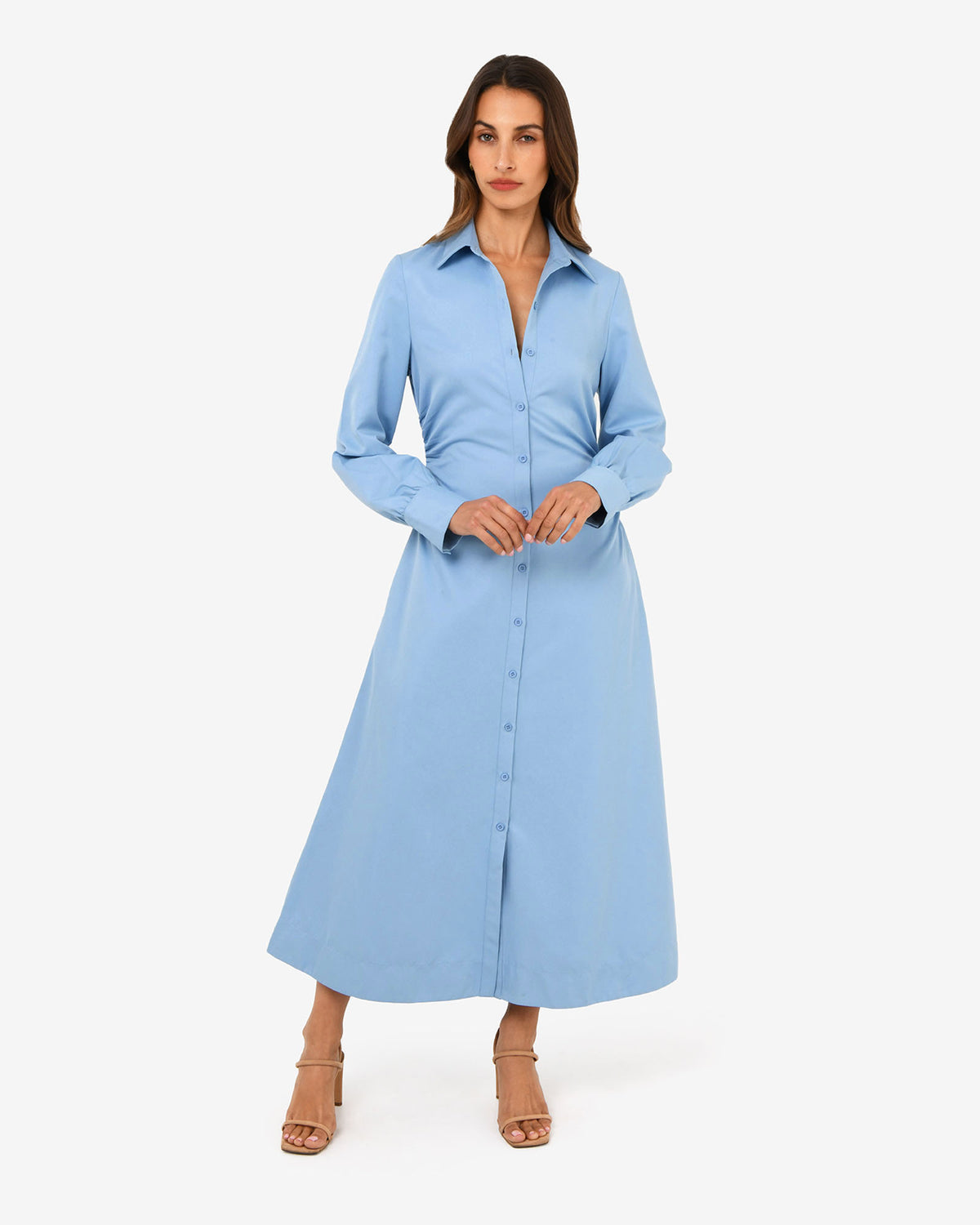 Lune Ruched Shirt Dress in dusk blue — full-length view 2