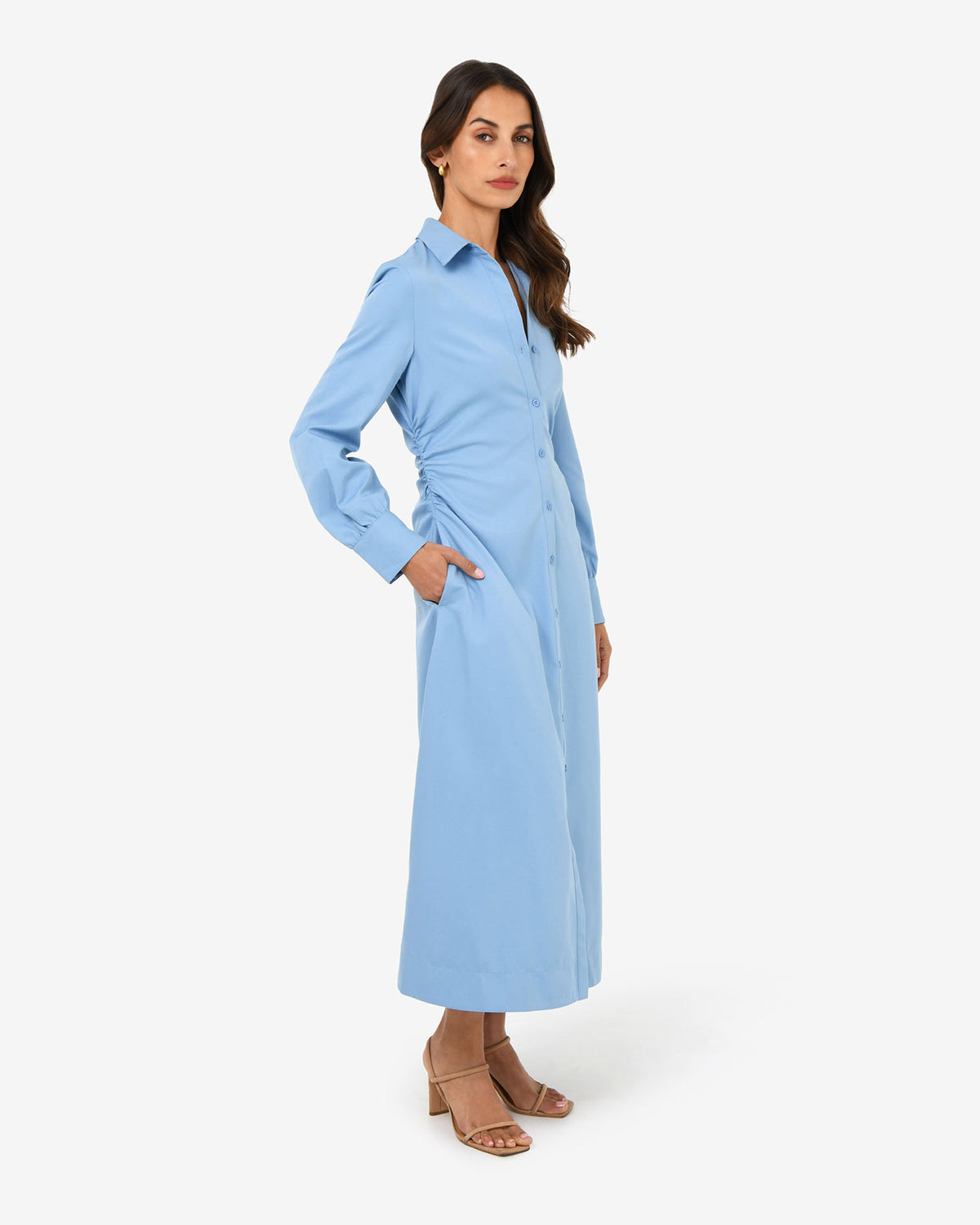 Lune Ruched Shirt Dress in dusk blue — side view