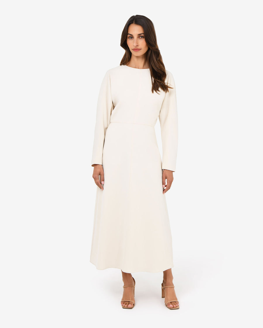 Karina Dolman Midi Dress in ecru — full-length view