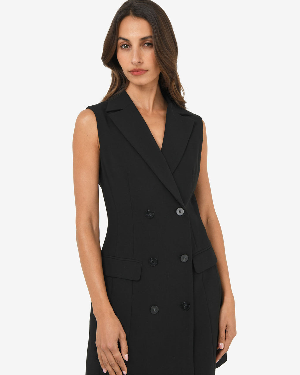 Nikki Double Breasted Dress in black — close-up view