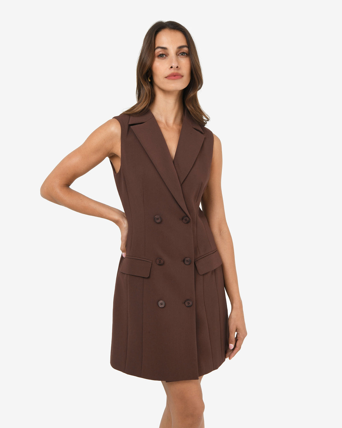 Nikki Double Breasted Dress in brown — close-up view