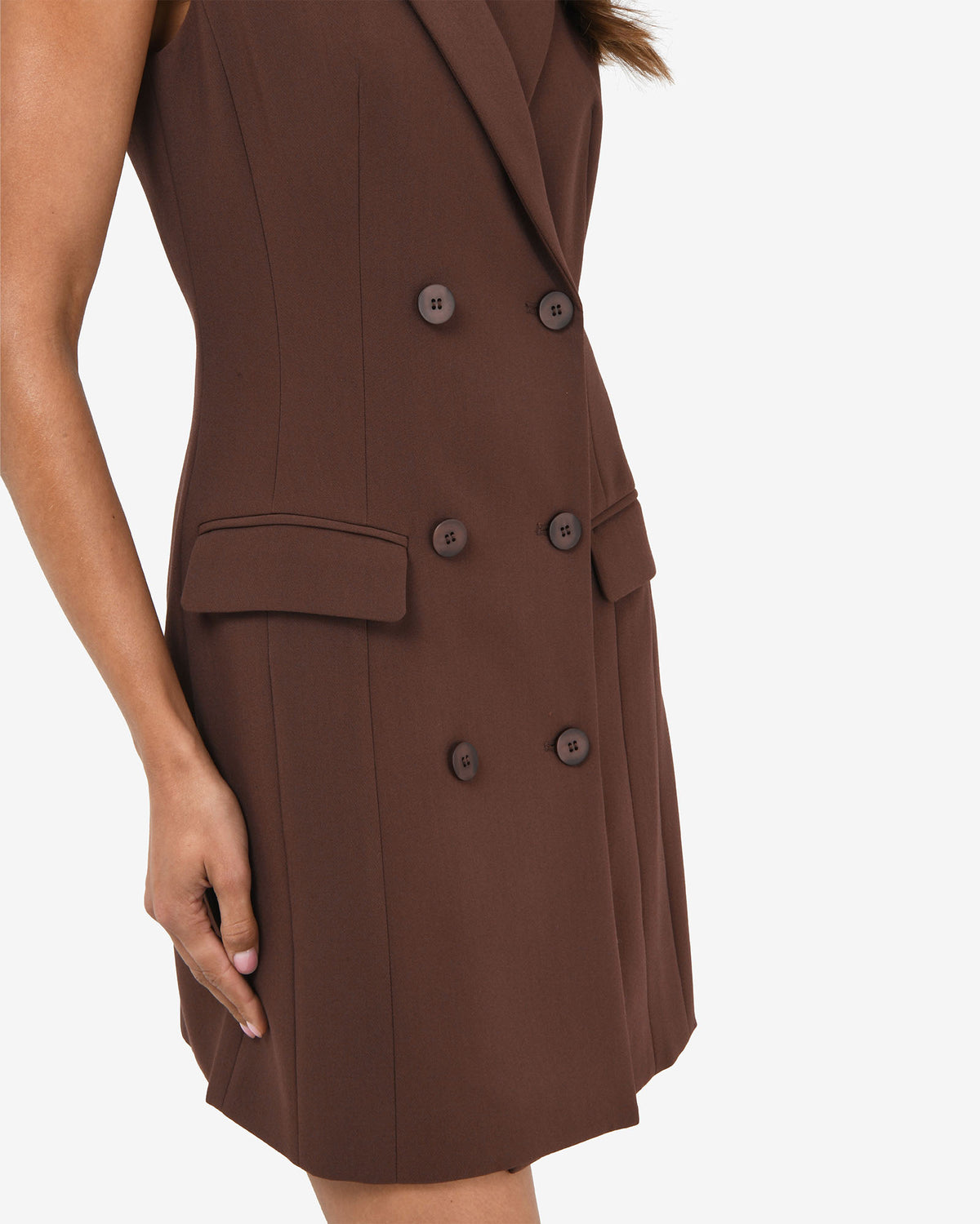 Nikki Double Breasted Dress in brown — fabric detail