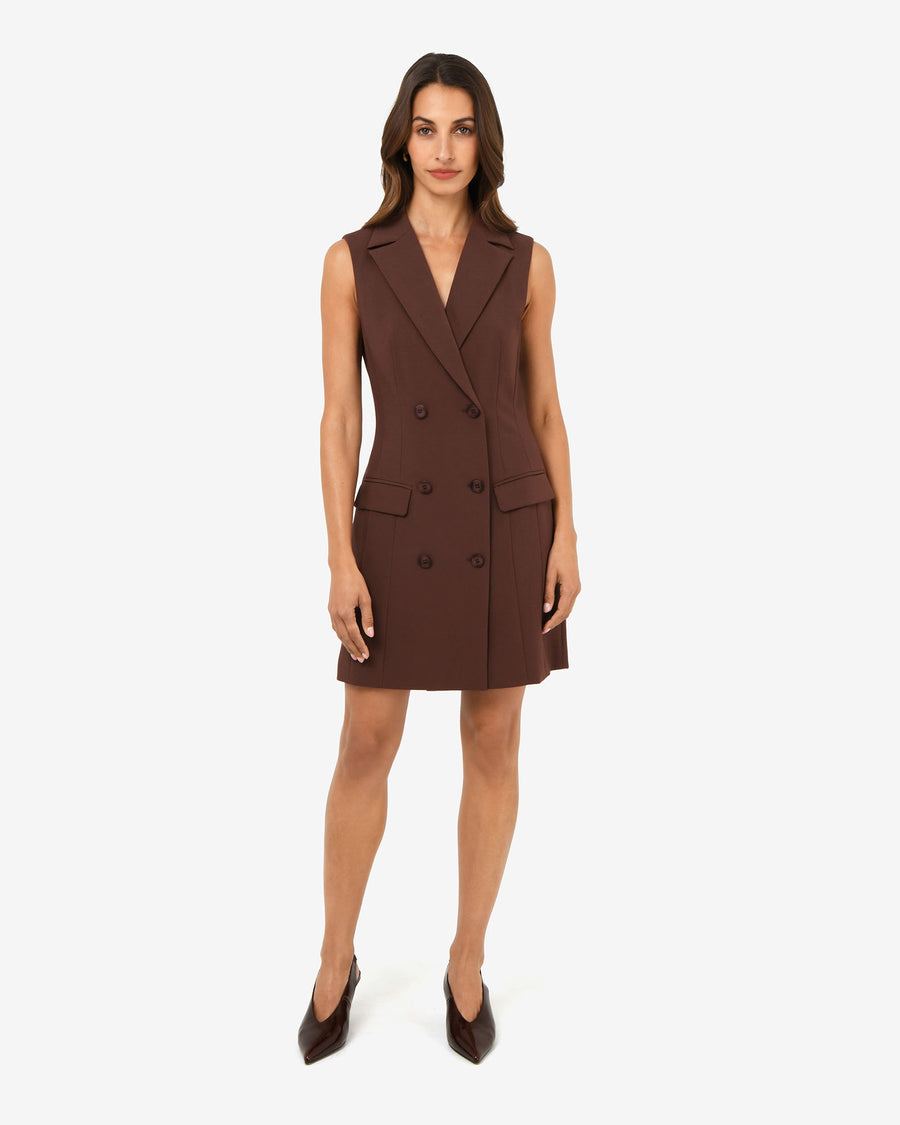 Nikki Double Breasted Dress in brown — full-length view