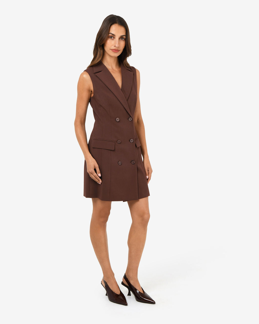 Nikki Double Breasted Dress in brown — full-length view 2