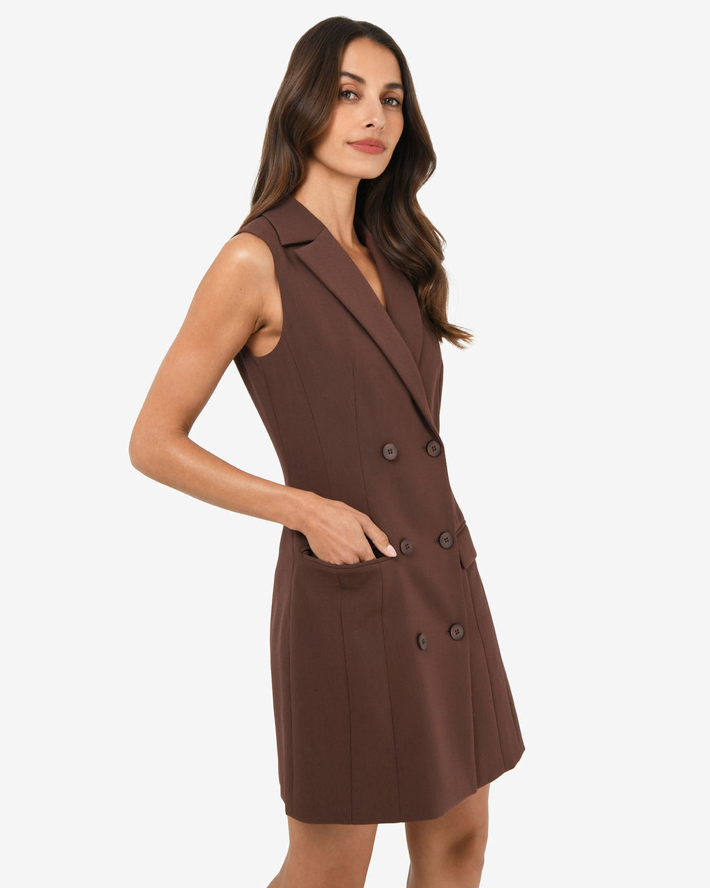 Nikki Double Breasted Dress in brown — side view
