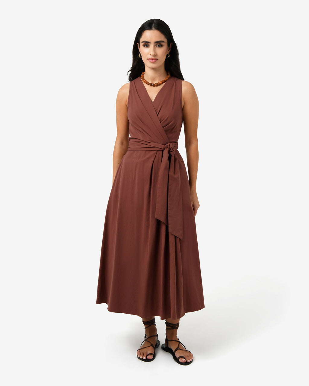 Nattai Crossover Dress in terracotta — full-length view