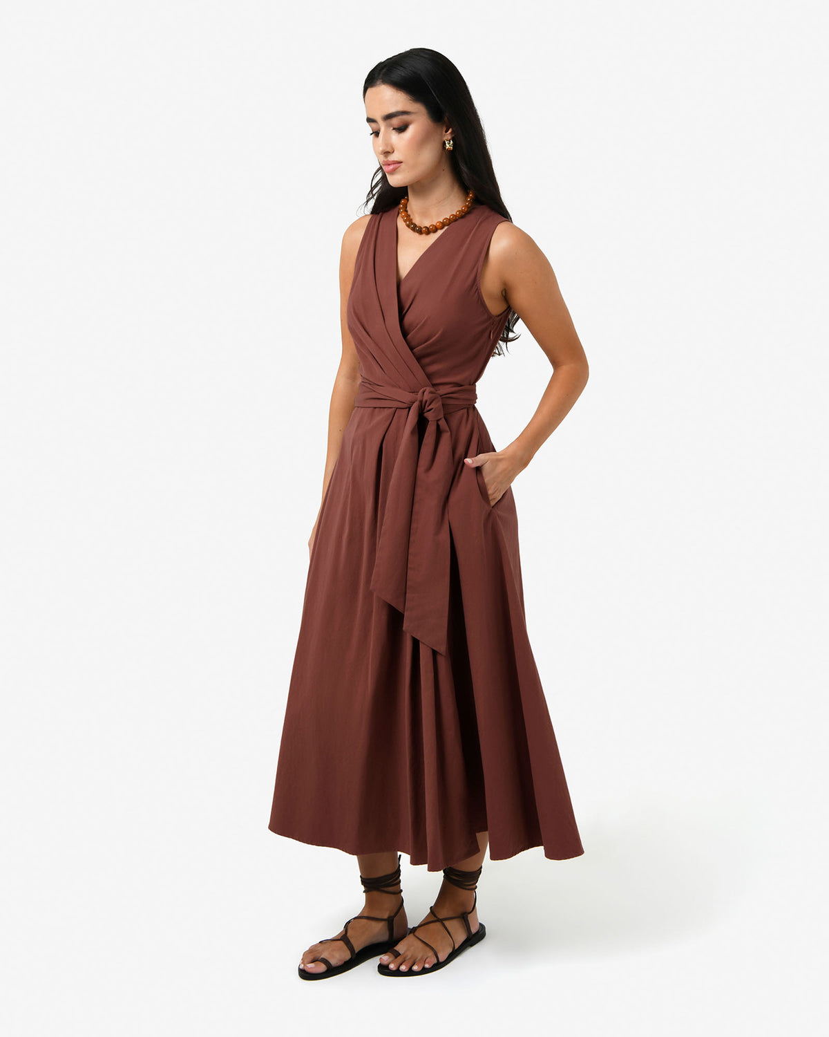 Nattai Crossover Dress in terracotta — side view