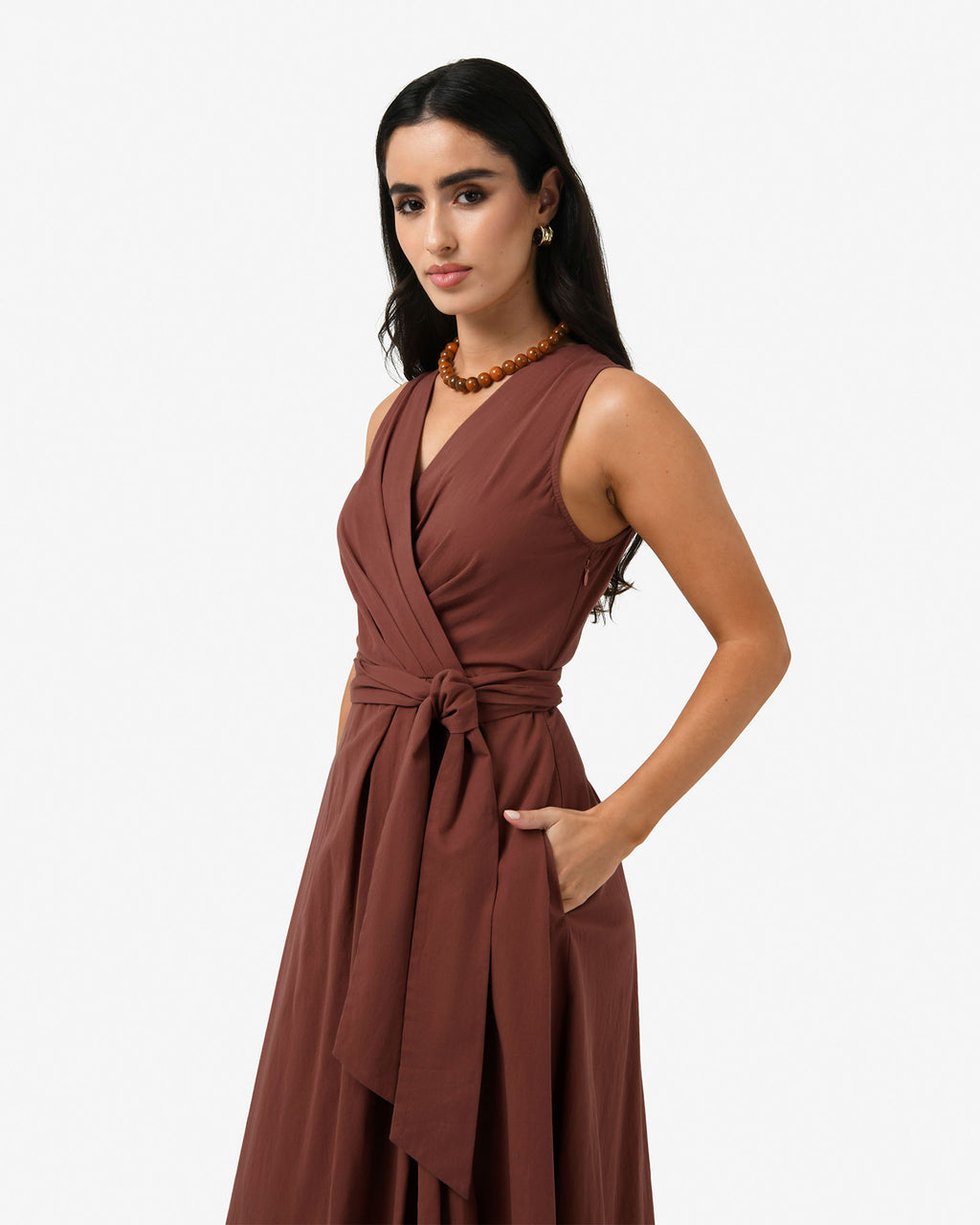 Nattai Crossover Dress in terracotta — side view 2