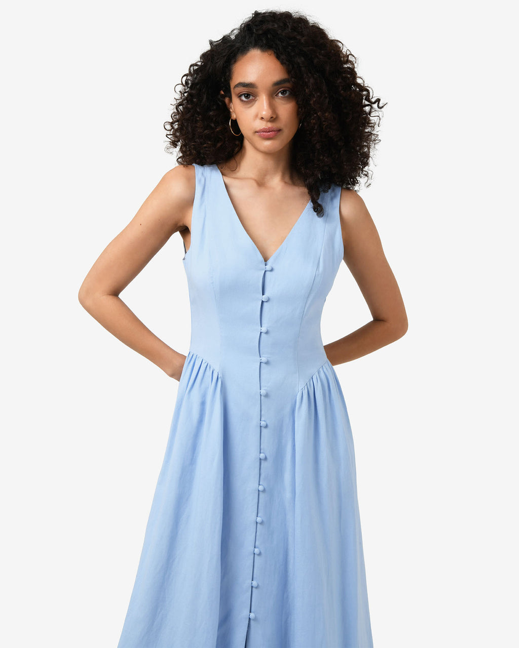 Kendal Linen Blend Dress in periwinkle — close-up view