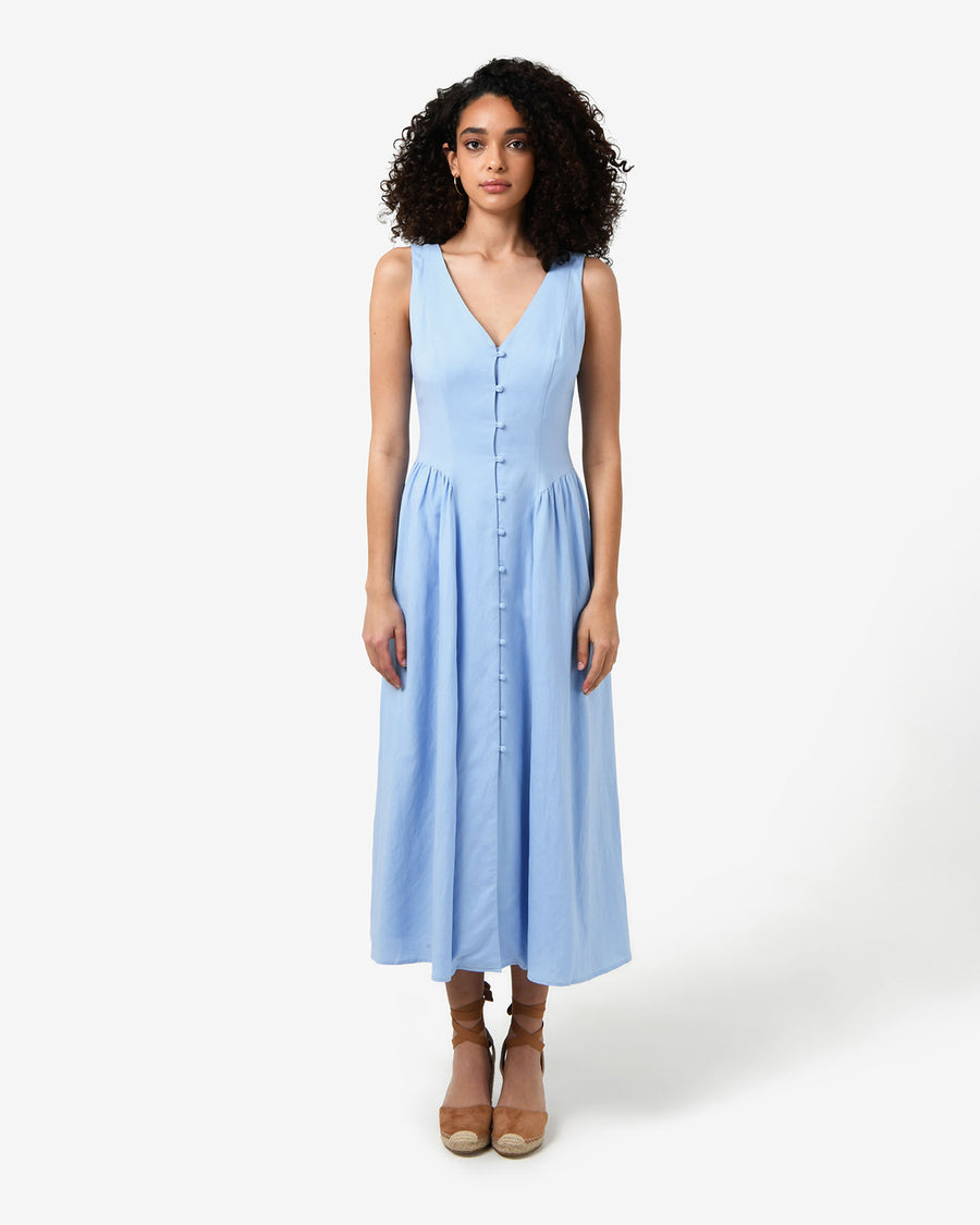 Kendal Linen Blend Dress in periwinkle — full-length view