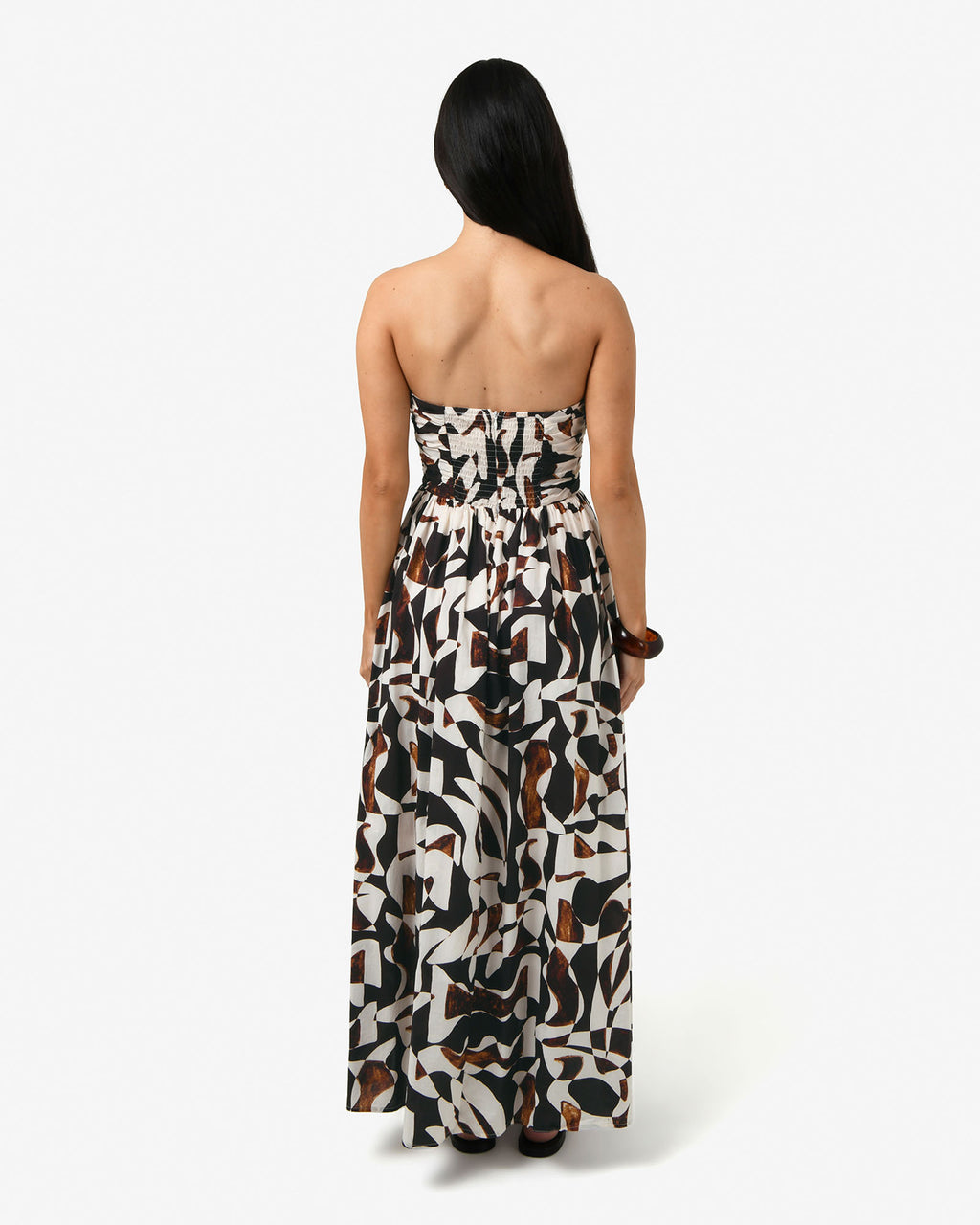 Hazel Printed Strapless Dress in brown retro — back view