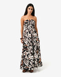 Hazel Printed Strapless Dress in brown retro — full-length view