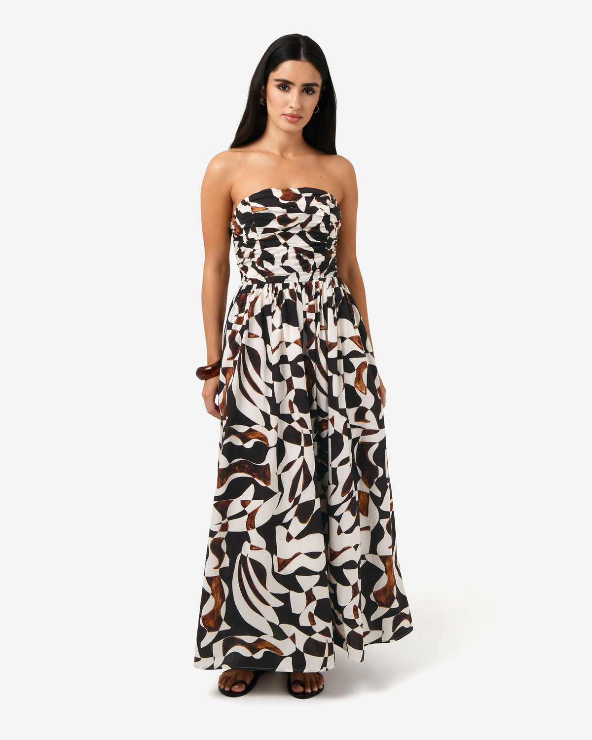 Hazel Printed Strapless Dress in brown retro — full-length view