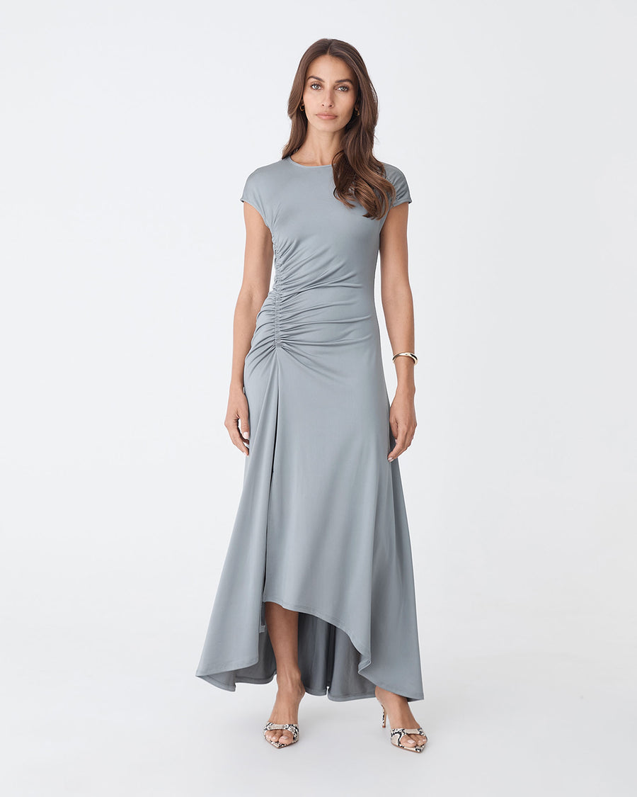 Kim Asymmetric Ruched Dress in pewter — full-length view