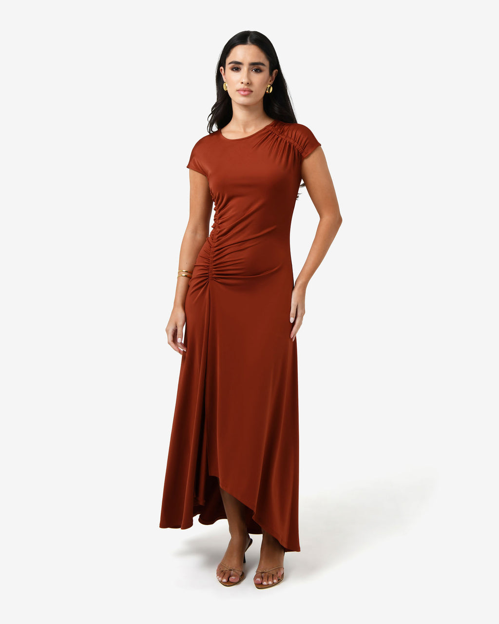Kim Asymmetric Ruched Dress in rust — full-length view