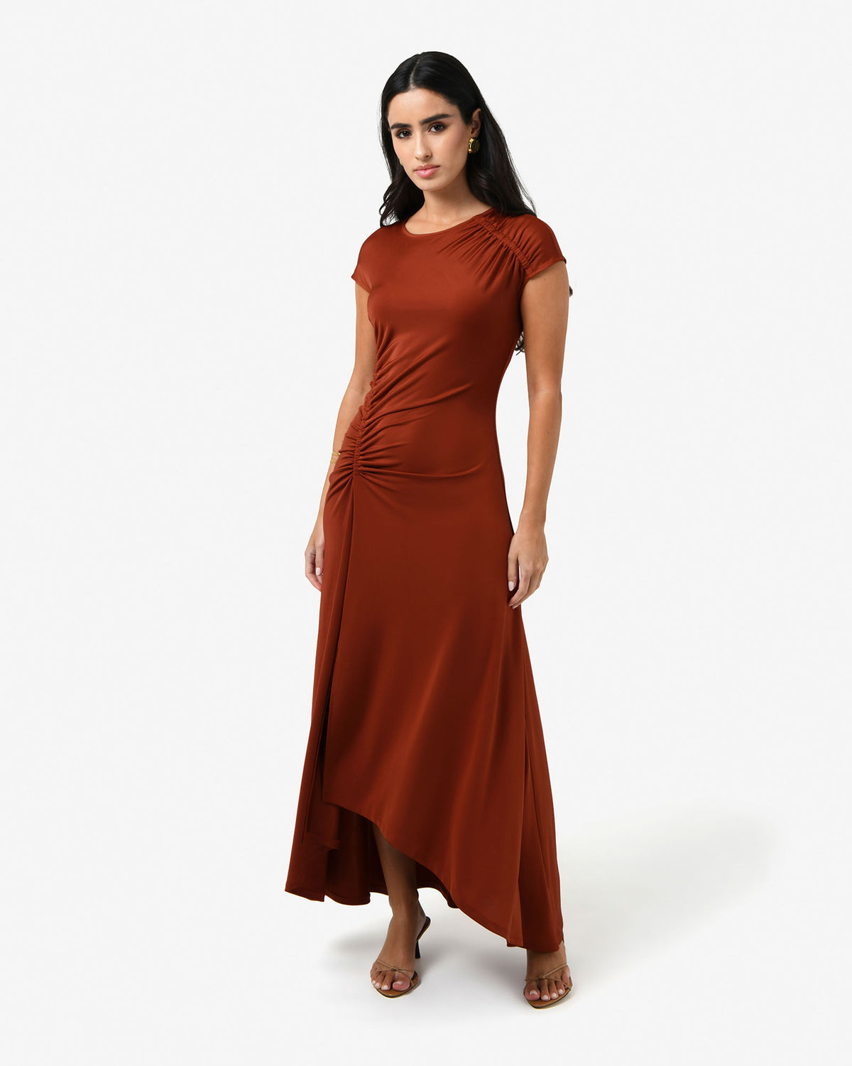 Kim Asymmetric Ruched Dress in rust — full-length view 2