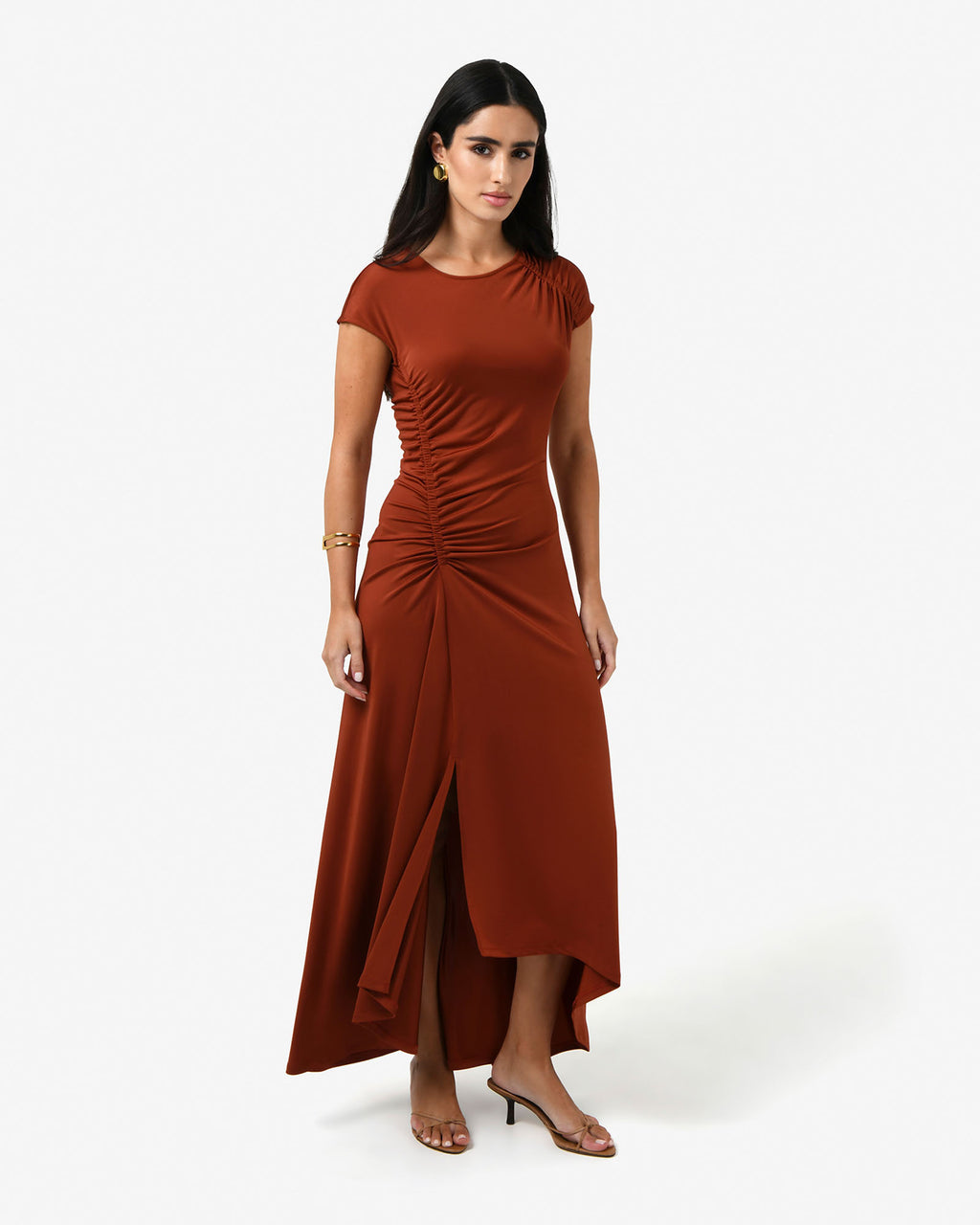 Kim Asymmetric Ruched Dress in rust — full-length view 3