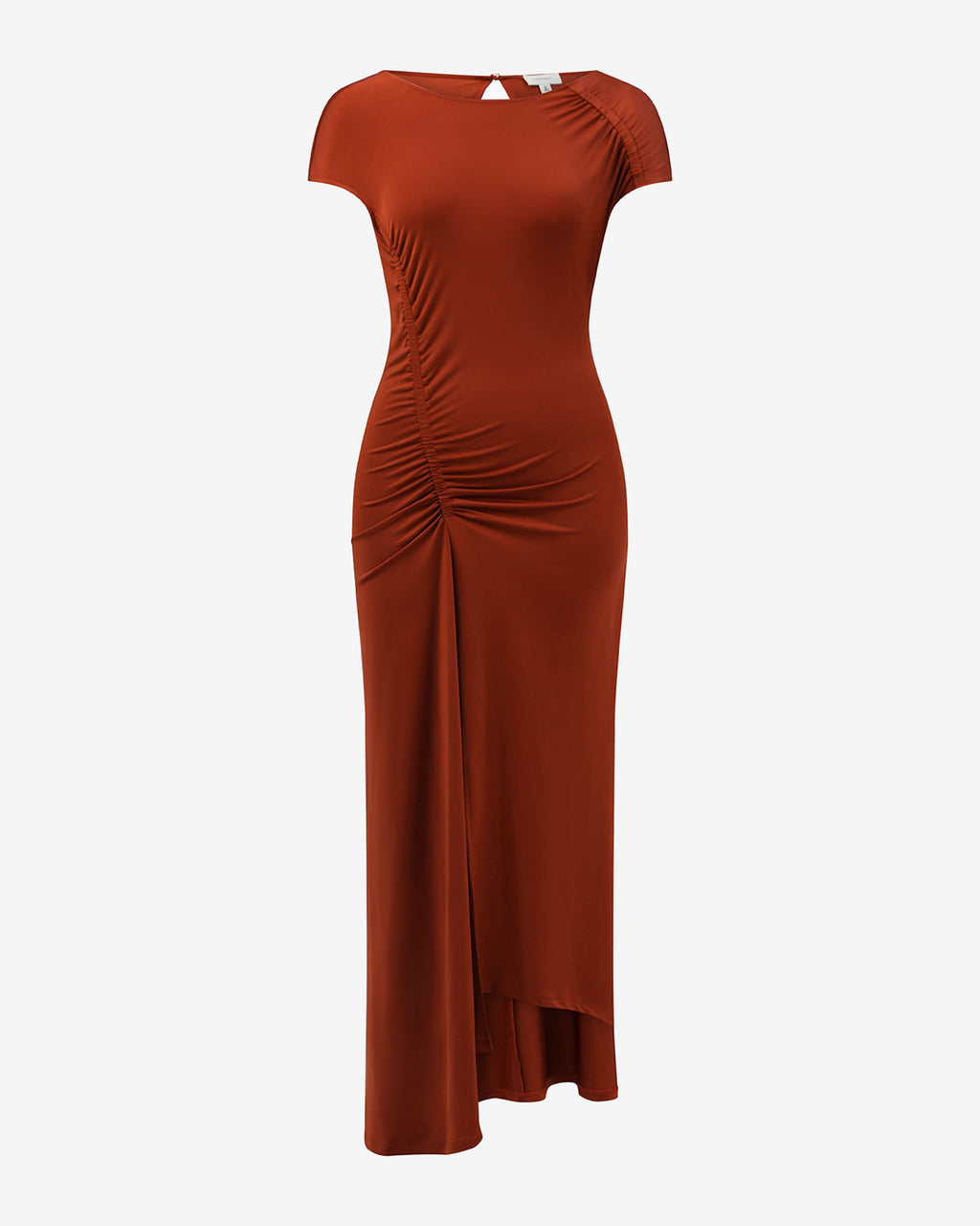 Kim Asymmetric Ruched Dress in rust — product-only view